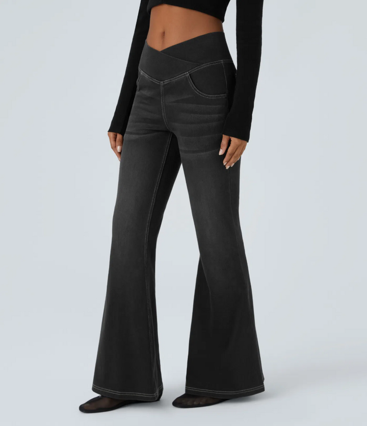 Lorèn Flex™ Crossover High Waisted Tummy Control Casual Straight Leg Jeans with Pockets