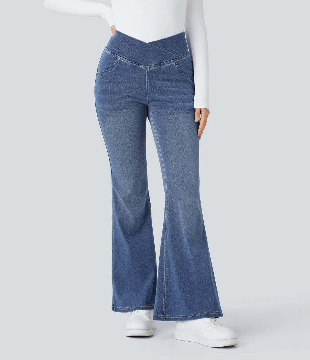 Lorèn Flex™ Crossover High Waisted Tummy Control Casual Straight Leg Jeans with Pockets