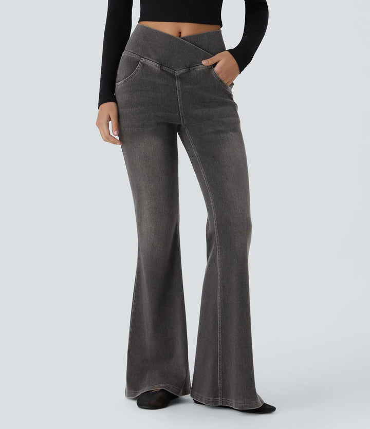 Lorèn Flex™ Crossover High Waisted Tummy Control Casual Straight Leg Jeans with Pockets