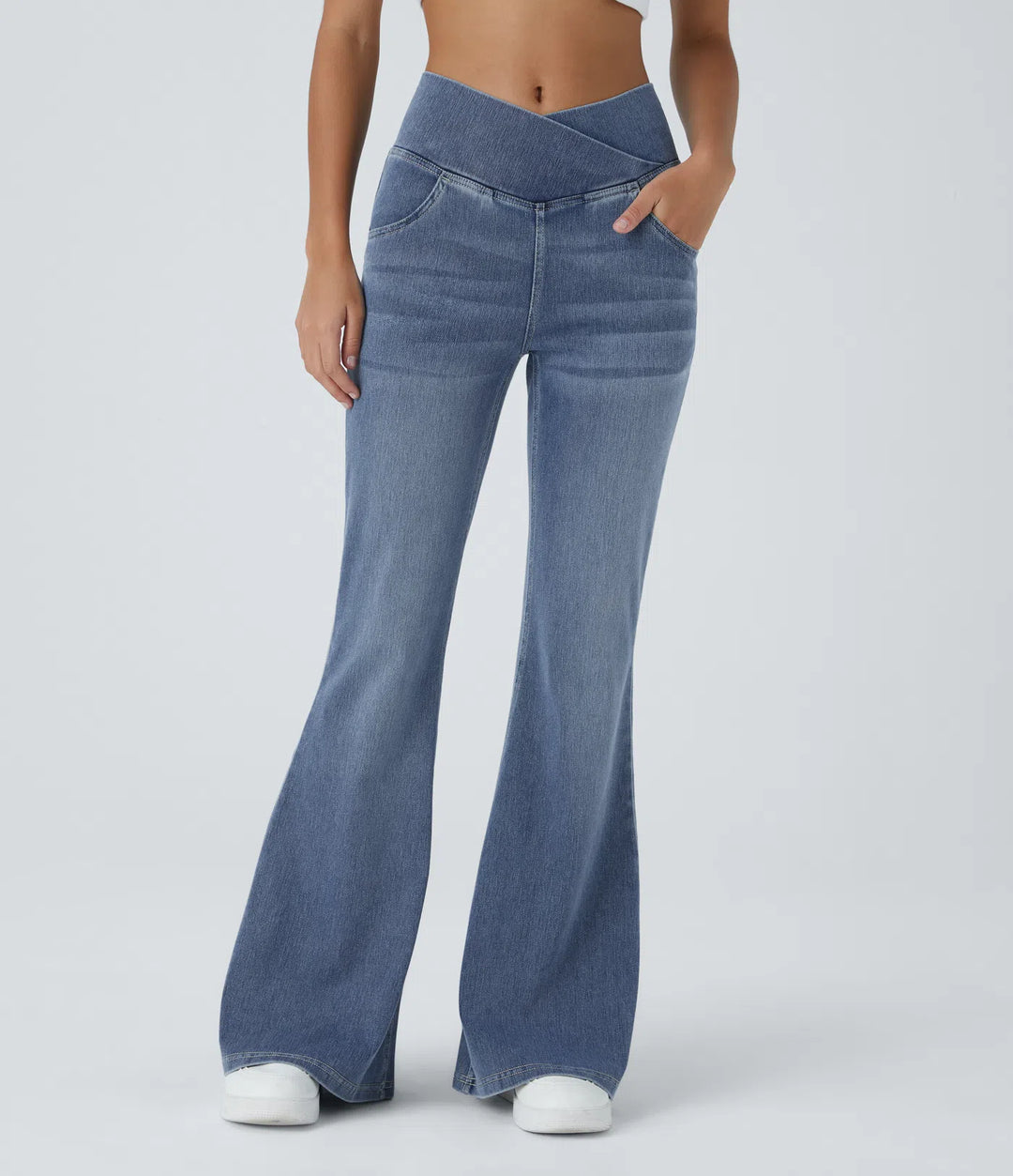 Lorèn Flex™ Crossover High Waisted Tummy Control Casual Straight Leg Jeans with Pockets