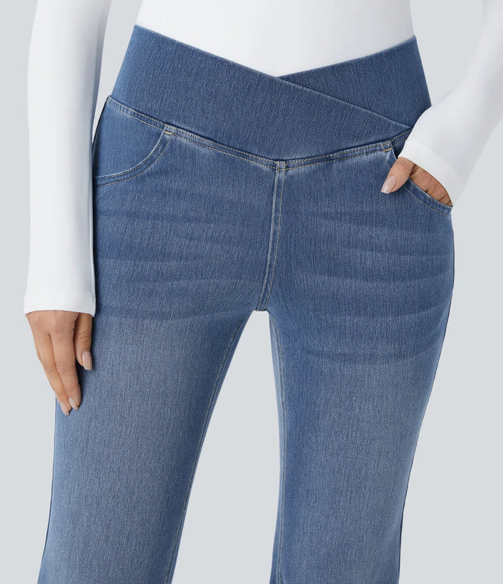 Lorèn Flex™ Crossover High Waisted Tummy Control Casual Straight Leg Jeans with Pockets