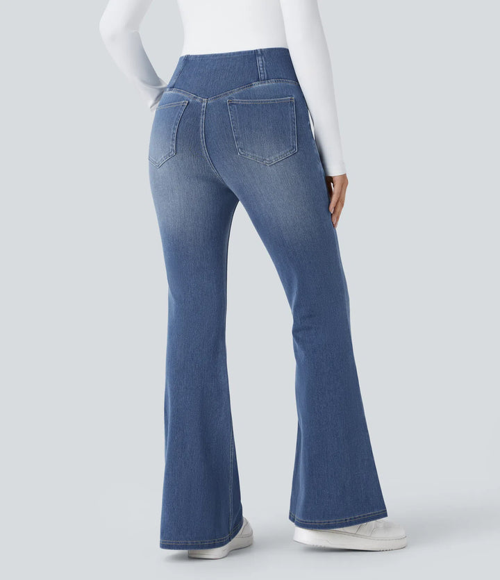 Lorèn Flex™ Crossover High Waisted Tummy Control Casual Straight Leg Jeans with Pockets